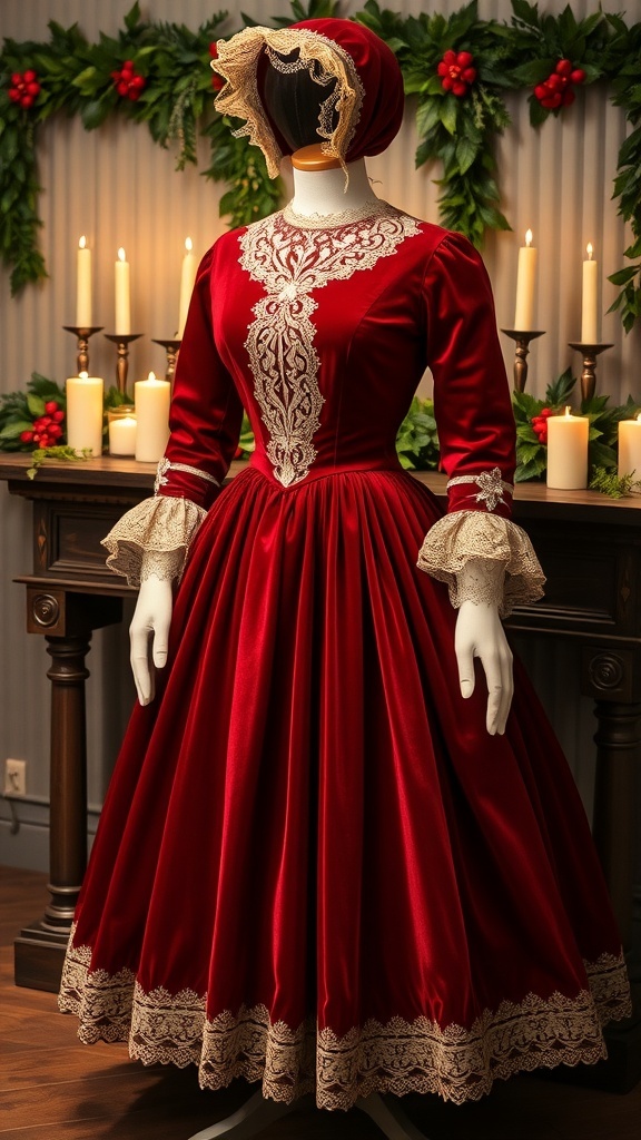 An elegant 1800s Christmas dress in red velvet with lace sleeves, displayed with accessories.